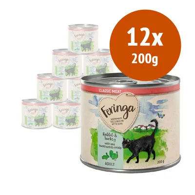 Feringa Classic Meat, 12 lattine da 200 g. Testo visibile: Rabbit & Turkey with sea buckthorn & catnip, ADULT. Immagine di un gatto nero su prato.