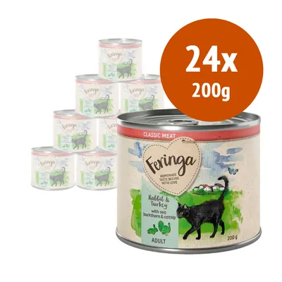 Feringa Classic Meat, 24x200g, coniglio e tacchino con olivello spinoso e catnip, per gatti adulti. Testo visibile: 'Homemade taste begins with love', 'Rabbit & Turkey', 'ADULT'.