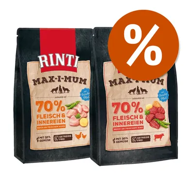 RINTI MAX-I-MUM, 70% Fleisch & Innereien, mit Frische Plus, getreidefrei, mit 30% Gemüse. Due confezioni: pollo e manzo. Simbolo percentuale arancione in alto a destra.
