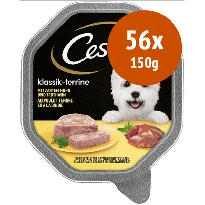 Cesar klassik-terrine, confezione da 56 vaschette da 150 g. Testo visibile: mit zartem Huhn und Truthahn, au poulet tendre et à la dinde. Immagine di terrina e carne.