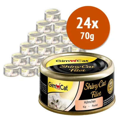 GimCat ShinyCat Filet Hühnchen, confezione da 24 lattine da 70 g ciascuna. Etichetta visibile con immagine di gatto e testo in tedesco, olandese e francese.