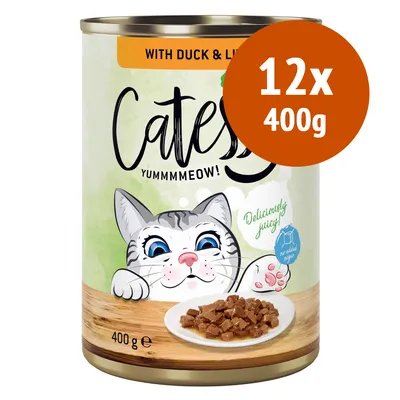 Catz Yummmeow! with duck & liver, confezione da 12x400g. Lattina con disegno di gatto e piatto di bocconcini. Testo visibile: Deliciously juicy!, no added sugar, 400 g.