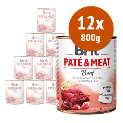 Brit Paté & Meat Beef, confezione 12x800g. Testo visibile: grain free, soy & GMO free. Immagine di carne sulla confezione.