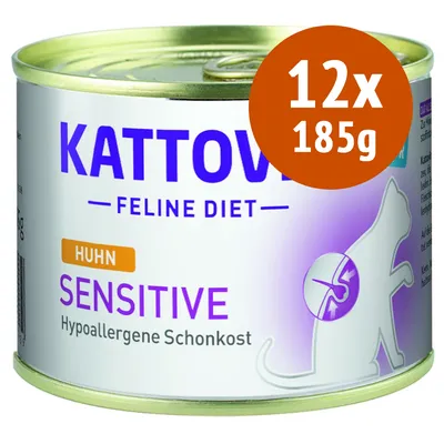 Kattovit Feline Diet Sensitive Huhn, Hypoallergene Schonkost, confezione da 12x185g. Testo in tedesco visibile sull'etichetta.