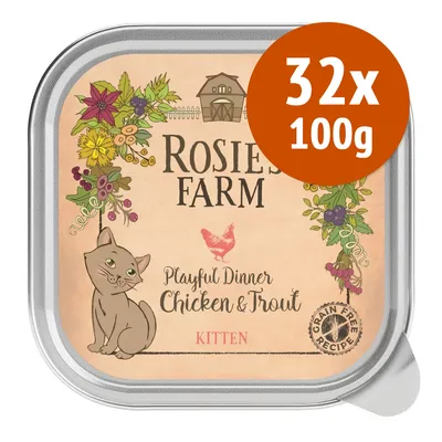 Rosie's Farm Playful Dinner Chicken & Trout Kitten, confezione 32x100g, ricetta senza cereali, alimento per gattini visibile sulla confezione.