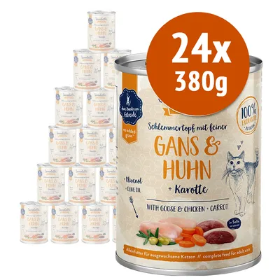 24 lattine da 380 g Sandelle Gans & Huhn + Karotte, con olio d'oliva. Testo visibile: 'no added grain', '100% exquisite', 'with goose & chicken + carrot'.