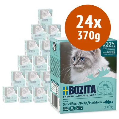 Confezione multipla Bozita 24 x 370 g, alimento per gatti con schellfish/kolja/haddock in gelatina. Testo visibile: 100% animal protein, grain free, B glucan, chunks in jelly.
