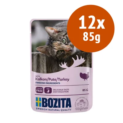 Confezione Bozita con tacchino per gatti, 12x85g, ingredienti svedesi, senza cereali, gusto delizioso, facile digestione, Swedish natural quality.