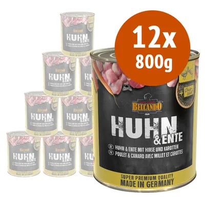 12 lattine da 800 g Belcando Huhn & Ente, pollo e anatra con miglio e carote. Testo visibile: Super Premium Quality Made in Germany.