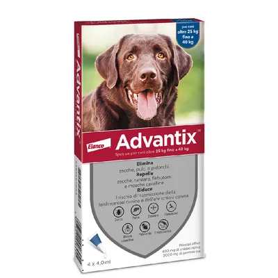 Confezione Advantix Elanco spot-on per cani oltre 25 kg fino a 40 kg, elimina zecche, pulci e pidocchi, repelle zanzare, flebotomi e mosche cavalline. 4 pipette da 4,0 ml.