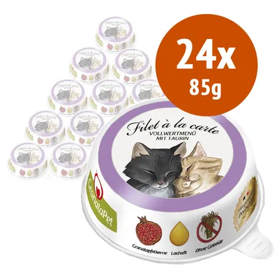 24 vaschette da 85 g di GranataPet Filet à la carte per gatti, con testo visibile: 'Vollwertmenü mit Taurin', semi di melograno, olio di salmone, senza cereali.