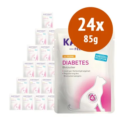 Kattovit Diabetes mit Huhn, 24 buste da 85 g. Testo visibile: Blutzucker, niedriger Kohlenhydratgehalt, Regulierung des Blutzuckerspiegels, verbesserte Rezeptur.