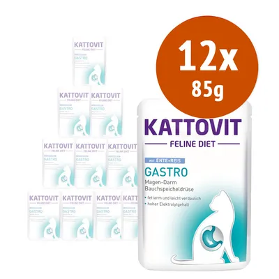 Kattovit Feline Diet Gastro mit Ente+Reis, 12 x 85 g. Testo visibile: Magen-Darm Bauchspeicheldrüse, fettarm und leicht verdaulich, hoher Elektrolytgehalt.