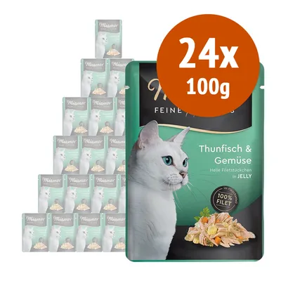 Miamor Feine Filets Thunfisch & Gemüse in Jelly, confezione da 24 buste da 100 g ciascuna, immagine di gatto bianco e filetto con verdure visibili sulla confezione.