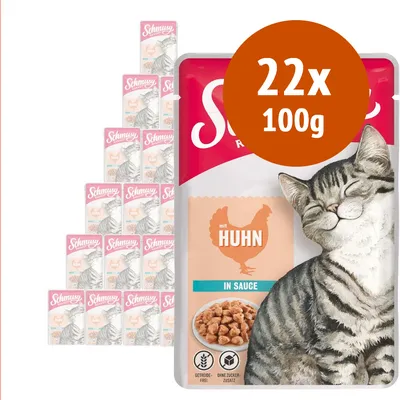 Schmusy mit Huhn in Sauce, confezione da 22 buste da 100 g ciascuna, immagine di gatto e ciotola con bocconcini. Testo visibile: 'getreidefrei', 'ohne zuckerzusatz'.