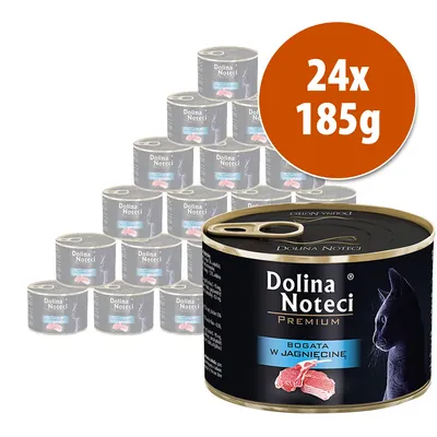 24 lattine da 185 g Dolina Noteci Premium, visibile scritta 'Bogatą w jagnięcinę', immagine di un gatto e carne sulla confezione. 24 lattine da 185 g Dolina Noteci Premium, visibile scritta 'Bogatą w jagnięcinę', immagine di un gatto e carne sulla confezione.