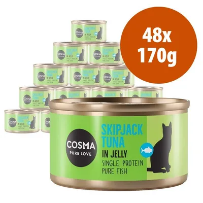 Cosma Pure Love Skipjack Tuna in Jelly, Single Protein Pure Fish, confezione da 48 lattine da 170 g ciascuna, visibile testo inglese sull'etichetta.