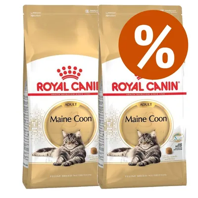 Due confezioni di crocchette Royal Canin Adult Maine Coon con simbolo percentuale bianco su sfondo arancione, indicante offerta o sconto visibile sull'immagine.