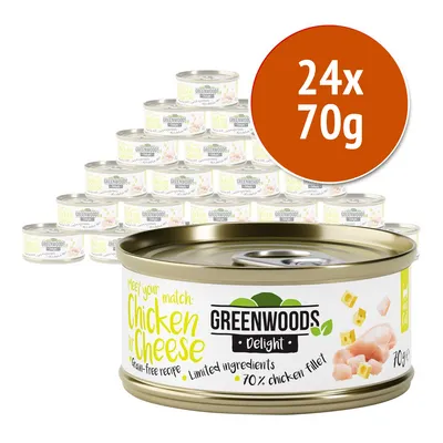 24 lattine da 70 g Greenwoods Delight Chicken n Cheese, ricetta senza cereali, ingredienti limitati, 70% filetto di pollo. Testo visibile: 'meet your match: Chicken n Cheese'.