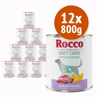 Rocco Diet Care Hypoallergenic Lamb with pumpkin, confezione da 12 lattine da 800 g ciascuna. Testo visibile in inglese: Lamb with pumpkin.