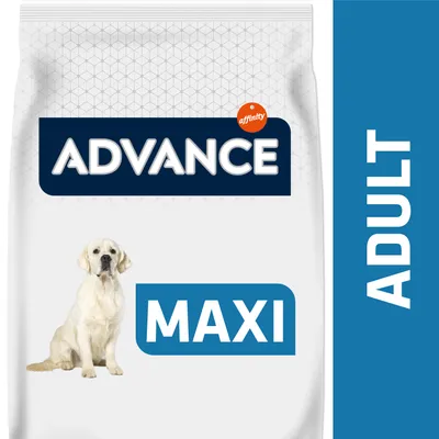 Упаковка с надписями: ADVANCE, affinity, MAXI, ADULT. Изображение светлой собаки на передней части упаковки.