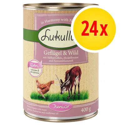 Lukullus Geflügel & Wild Junior 400 g, balení 24×. Extra calcium & phosphorus. S batáty, borůvkami a slunečnicovým olejem. Na obrázku kuře a srnec.