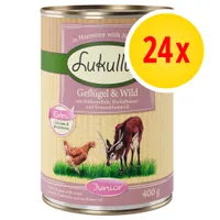 Lukullus Geflügel & Wild Junior 400 g, balení 24×. Extra calcium & phosphorus. S batáty, borůvkami a slunečnicovým olejem. Na obrázku kuře a srnec.