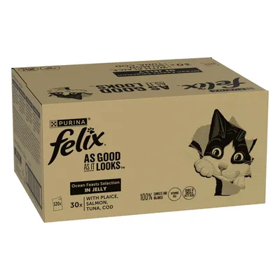 120 x 85g Felix As Good As It Looks Wet Cat Food + 48 x 85g Felix Wet Cat Food Free! * - Ocean Feasts Selection in Jelly (120 x 85g) + Soup Time Tender Strips Farm Selection (48 x 48g)