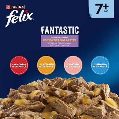 Purina Felix Fantastic dla kotów od 7. roku życia: delikatne kawałki w galarecie z wołowiną, kurczakiem, łososiem lub sardynką. Specjalnie dla starszych kotów.