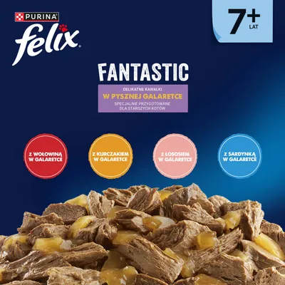 Purina Felix Fantastic dla kotów od 7. roku życia: delikatne kawałki w galarecie z wołowiną, kurczakiem, łososiem lub sardynką. Specjalnie dla starszych kotów.