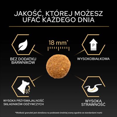 Granulat paszowy o średnicy 18 mm, bez barwników, o wysokiej zawartości białka, wysokiej przyswajalności składników odżywczych i wysokiej strawności.