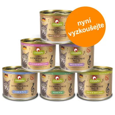 GranataPet Symphonie No.1–6 konzervy pro kočky: Rind & Geflügel, Garnelen & Truthahn, Wild & Huhn, Lachs & Pute, Huhn pur, Kalb & Geflügel. Oranžový kruh s textem nyní vyzkoušejte.