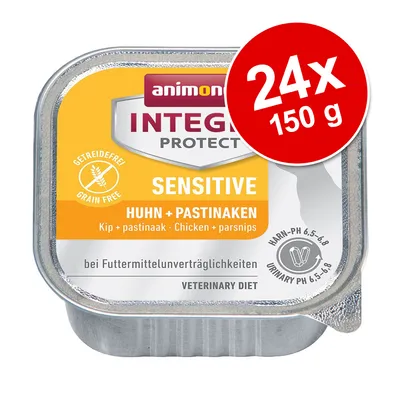 animonda INTEGRA PROTECT Sensitive Huhn + Pastinaken, spannmålsfri, 24x150 g. Text: Veterinary Diet, Urinary pH 6,5–6,8.