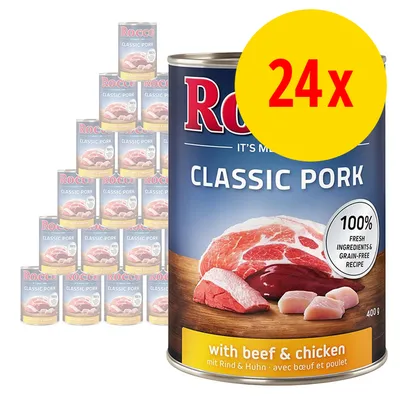 Rocco Classic Pork dåsefoder, 24 x 400 g. Tekst: 100% fresh ingredients & grain-free recipe, with beef & chicken. Billede af kød på etiketten.