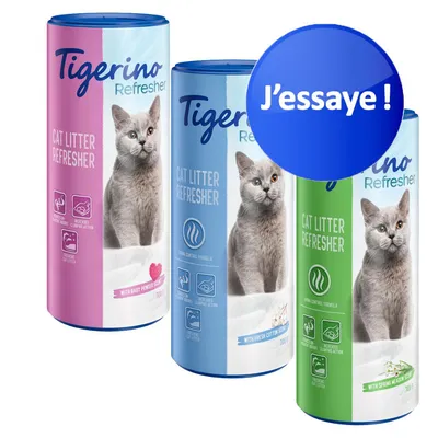 Trois tubes Tigerino Refresher Cat Litter Refresher, parfums baby powder, fresh cotton et spring meadow, texte visible : J’essaie ! sur un cercle bleu.