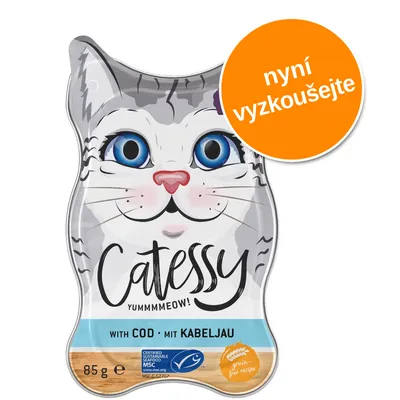 Catessy Yummmmeow! with cod, 85 g. Nyní vyzkoušejte. Grain-free recipe. Certified sustainable seafood MSC. Obal ve tvaru kočky.
