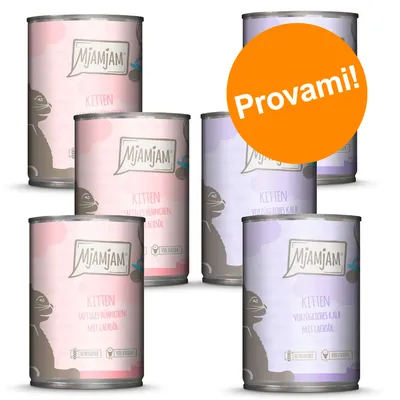 6 lattine MjAMjAM Kitten, vari gusti visibili: Saftiges Hühnchen mit Lachsöl e Vorzügliches Kalb mit Lachsöl. Etichetta arancione con testo 'Provami!'.
