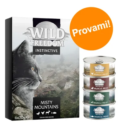Wild Freedom Instinctive Misty Mountains, confezione da 6x70g e 4 lattine Muscle Meat. Testo visibile: Provami! Grain-free recipe.