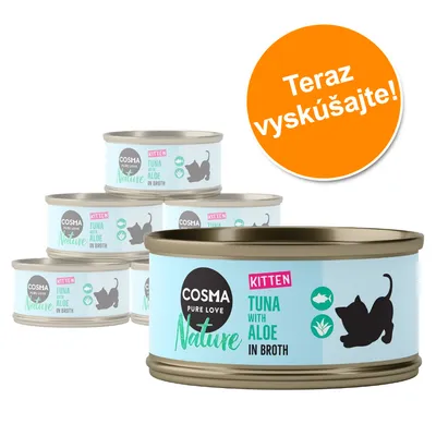 COSMA Pure Love Nature Kitten Tuna with Aloe in Broth konzervy pre mačiatka, nápis na oranžovom kruhu: Teraz vyskúšajte! COSMA Pure Love Nature Kitten Tuna with Aloe in Broth konzervy pre mačiatka, nápis na oranžovom kruhu: Teraz vyskúšajte!