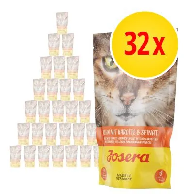 32 förpackningar Josera kattmat, synlig text: 'Huhn mit Karotte & Spinat', stor bild av kattansikte på förpackningen, gul cirkel med röd text '32x'.