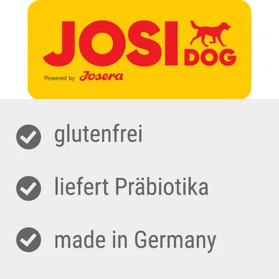 JosiDog powered by Josera. Brez glutena, vsebuje prebiotike, izdelano v Nemčiji.