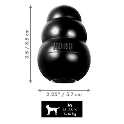 KONG igrača, velikost M, mere: 8,8 cm visoka, 5,7 cm široka. Za živali s telesno težo od 7 do 16 kg (15–35 lb).