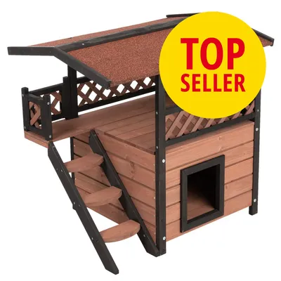 Træhus til kæledyr med trappe, terrasse og åbning foran. Stor gul cirkel med rød tekst: TOP SELLER.