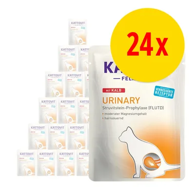 KATTOVIT FELINE URINARY mit Kalb, 24x. Struvitstein-Prophylaxe (FLUTD), moderat magnesiumindhold, harnsurend, forbedret receptur. Billede viser flere poser med katteillustration. KATTOVIT FELINE URINARY mit Kalb, 24x. Struvitstein-Prophylaxe (FLUTD), moderat magnesiumindhold, harnsurend, forbedret receptur. Billede viser flere poser med katteillustration.