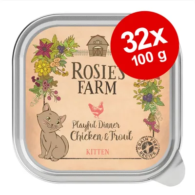 Rosie’s Farm Playful Dinner Chicken & Trout Kitten, 32×100 g. Text: Grain Free Recipe. Bild på kattunge och blommor på förpackningen.