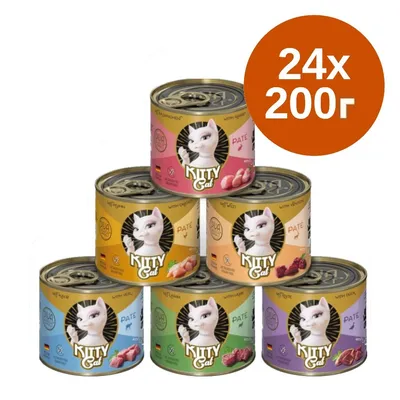 Kitty Cat консервирана храна за котки, 24 броя по 200 г. Видими различни вкусове в метални кутии с етикети и изображение на бяла котка. Kitty Cat консервирана храна за котки, 24 броя по 200 г. Видими различни вкусове в метални кутии с етикети и изображение на бяла котка.