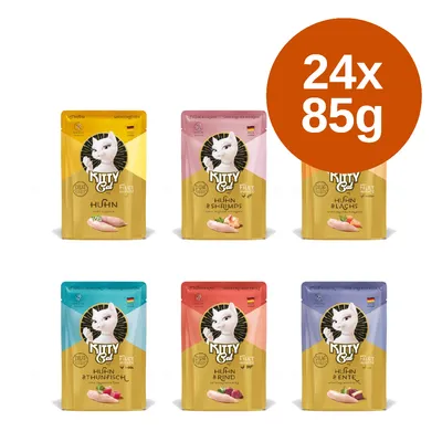Kitty Cat Nassfutter, 24x85g, Sorten: Huhn, Huhn & Shrimps, Huhn & Lachs, Huhn & Thunfisch, Huhn & Rind, Huhn & Ente. Verpackung mit deutschem Herkunftssymbol. Kitty Cat Nassfutter, 24x85g, Sorten: Huhn, Huhn & Shrimps, Huhn & Lachs, Huhn & Thunfisch, Huhn & Rind, Huhn & Ente. Verpackung mit deutschem Herkunftssymbol.