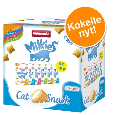 Animonda Milkies Cat Snack Selection, 6 x 30 g. Pakkauksessa näkyy maut: Harmony, Fresh, Wellness, Balance. Oranssi merkki: Kokeile nyt!