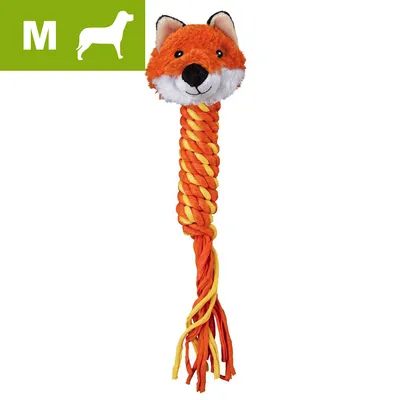 Plush toy with a fox head and braided orange and yellow rope body, labelled size M with a silhouette of an animal in the top left corner. Plush toy with a fox head and braided orange and yellow rope body, labelled size M with a silhouette of an animal in the top left corner.