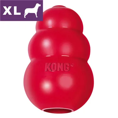 KONG rød hundelegetøj, størrelse XL, synlig tekst: KONG. Lilla felt med hvid silhuet af hund og teksten XL øverst til venstre.